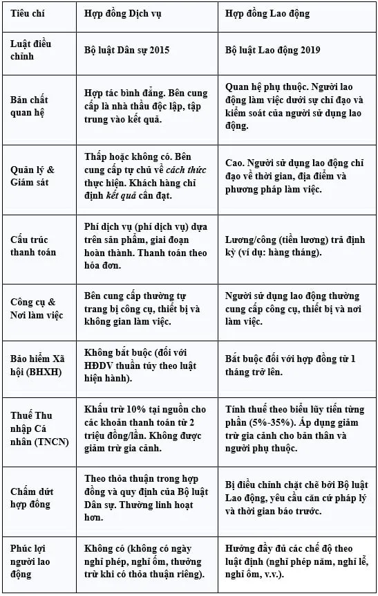 Bảng so sánh Hợp đồng Dịch vụ và Hợp đồng Lao động Bảng so sánh Hợp đồng Dịch vụ và Hợp đồng Lao động