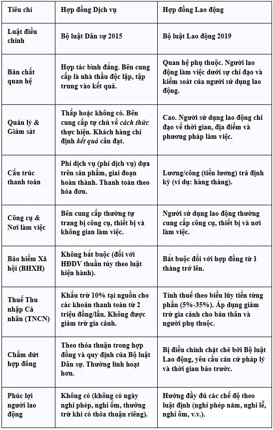 Bảng so sánh Hợp đồng Dịch vụ và Hợp đồng Lao động
