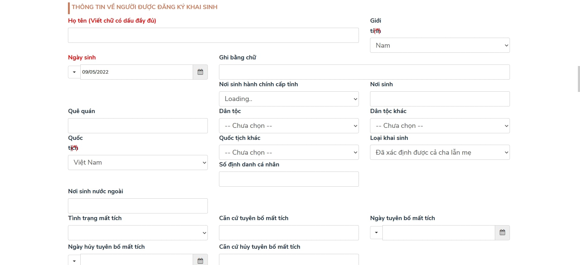 Điền thông tin đăng ký khai sinh online