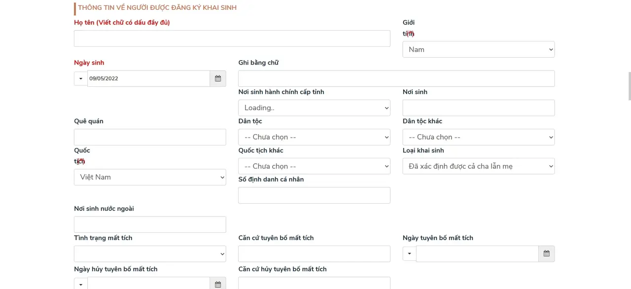 Điền thông tin đăng ký khai sinh online Điền thông tin đăng ký khai sinh online