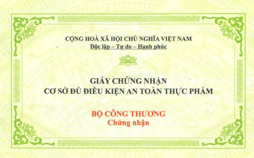 Giấy chứng nhận cơ sở đủ điều kiện an toàn vệ sinh thực phẩm