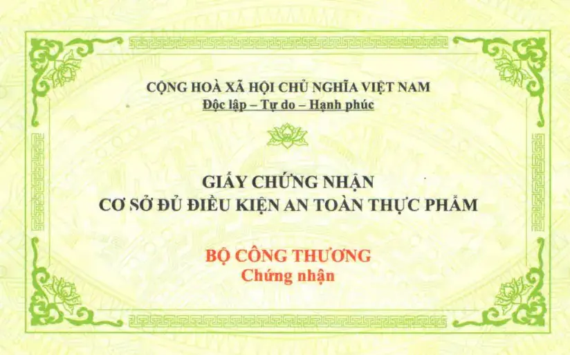 Giấy chứng nhận cơ sở đủ điều kiện an toàn vệ sinh thực phẩm Giấy chứng nhận cơ sở đủ điều kiện an toàn vệ sinh thực phẩm