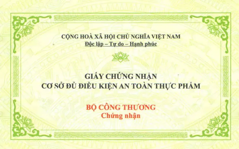 Giấy chứng nhận cơ sở đủ điều kiện an toàn vệ sinh thực phẩm Giấy chứng nhận cơ sở đủ điều kiện an toàn vệ sinh thực phẩm