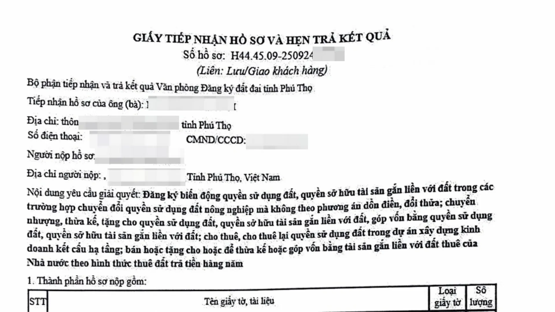 Giấy hẹn trả kết quả sang tên giấy chứng nhận quyền sử dụng đất