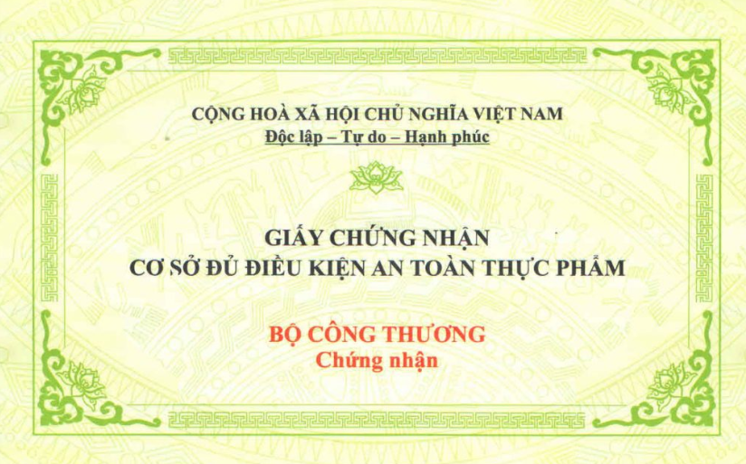 Giấy chứng nhận cơ sở đủ điều kiện an toàn vệ sinh thực phẩm