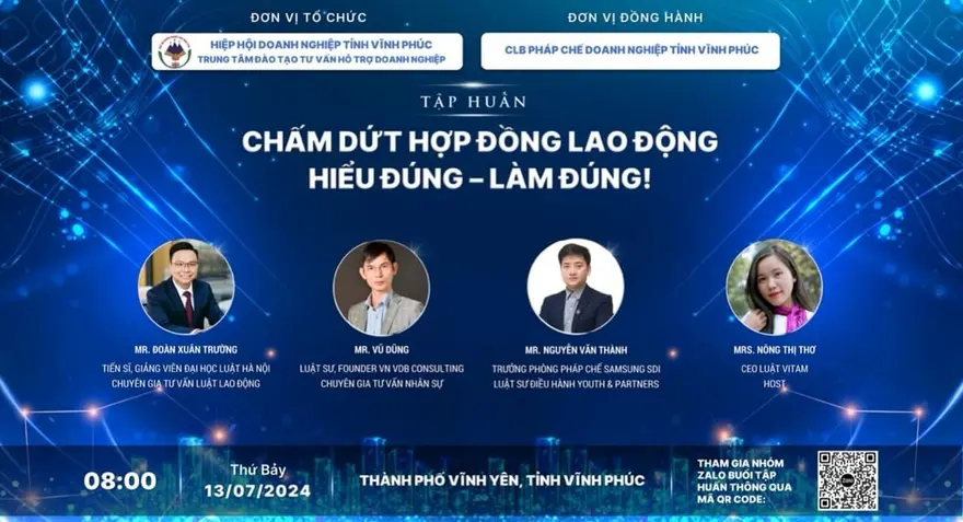 Quy định chấm dứt hợp đồng lao động được phân tích chi tiết tại hội thảo pháp lý ở Vĩnh Phúc, giúp doanh nghiệp hiểu đúng và tuân thủ luật lao động hiệu quả.