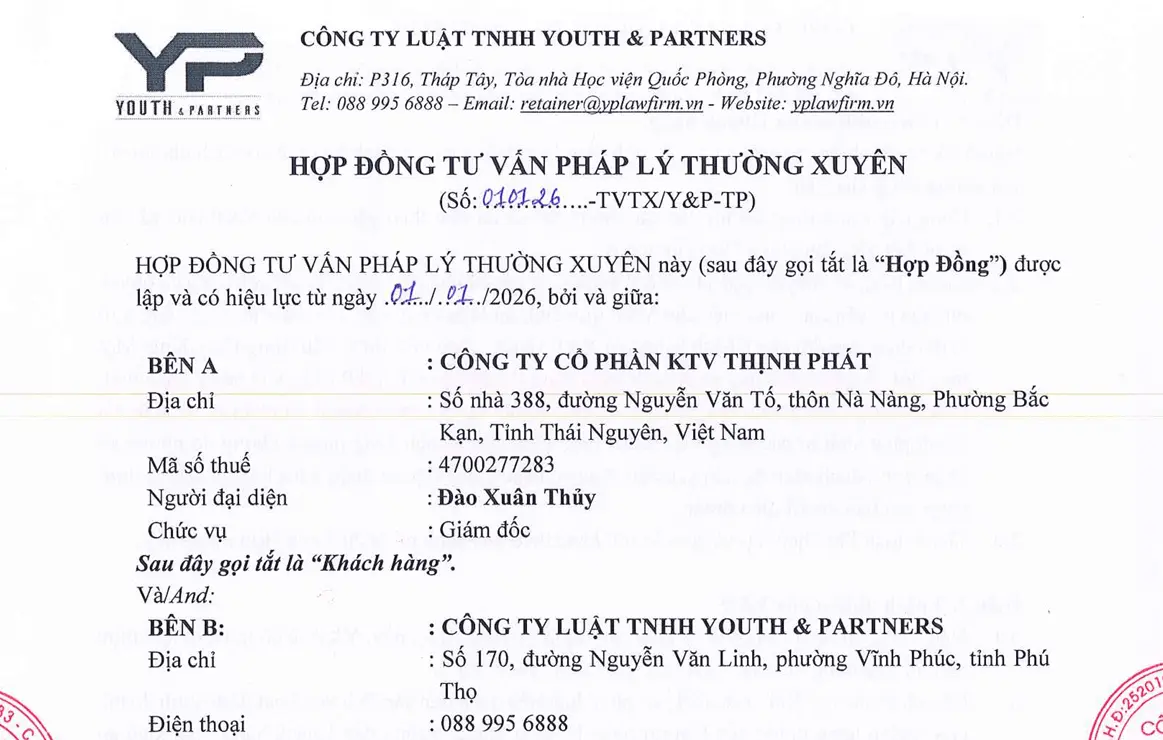 Hợp đồng tư vấn pháp luật thường xuyên YP - Thịnh Phát Hợp đồng tư vấn pháp luật thường xuyên YP - Thịnh Phát