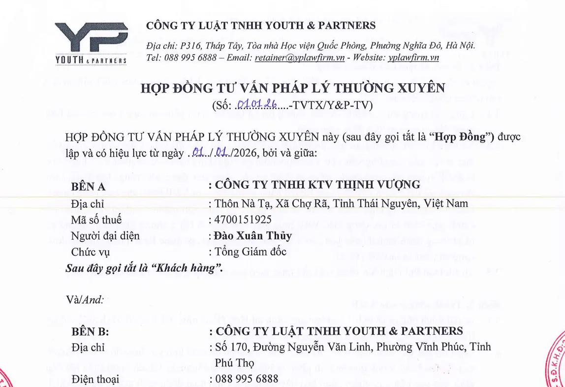 Hợp đồng tư vấn pháp luật thường xuyên YP - Thịnh Vượng Hợp đồng tư vấn pháp luật thường xuyên YP - Thịnh Vượng