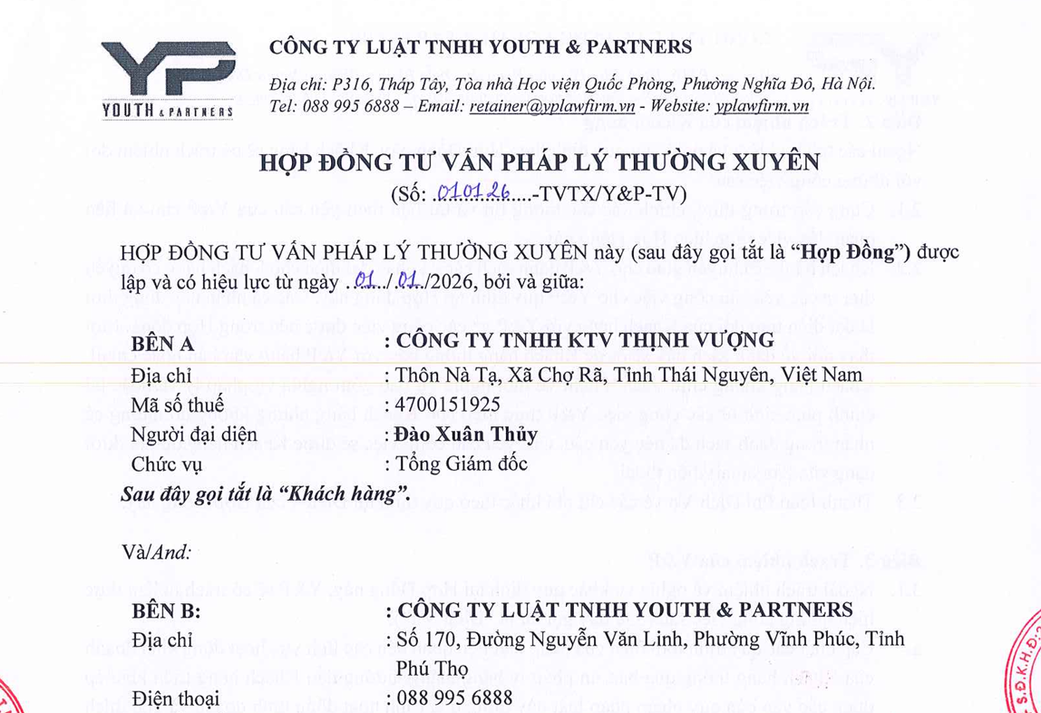 Hợp đồng tư vấn pháp luật thường xuyên YP - Thịnh Vượng