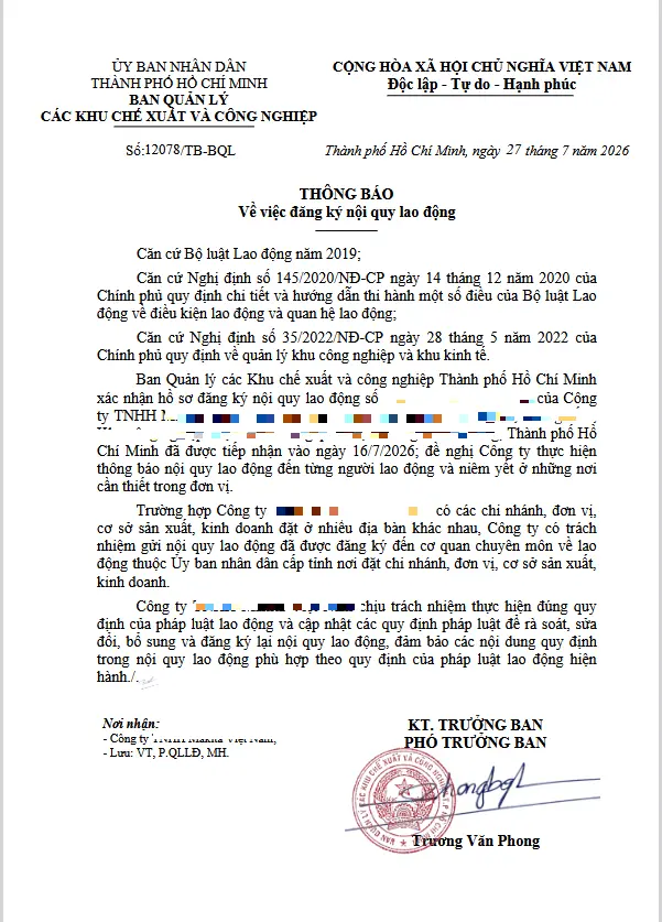 Kết quả đăng ký nội quy lao động của doanh nghiệp Kết quả đăng ký nội quy lao động của doanh nghiệp