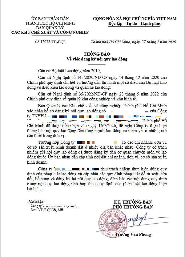 Kết quả đăng ký nội quy lao động của doanh nghiệp Kết quả đăng ký nội quy lao động của doanh nghiệp