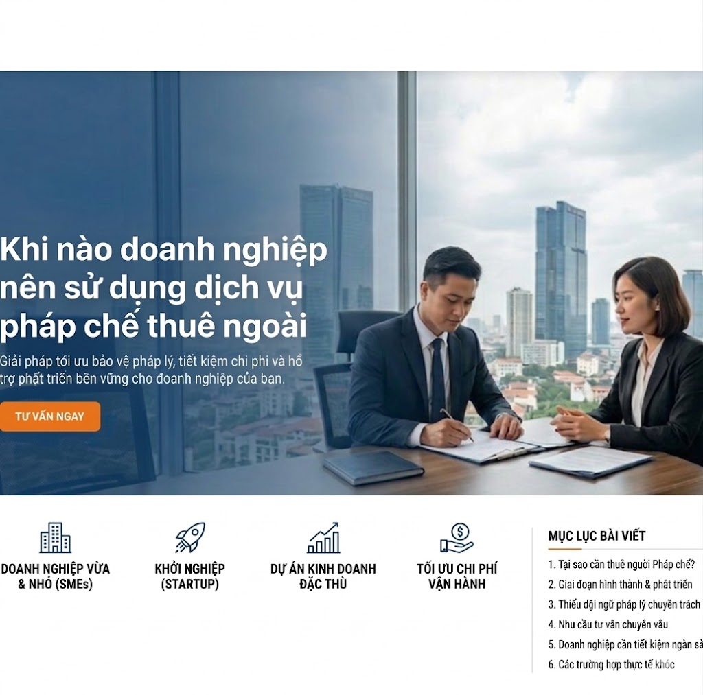 Khi nào doanh nghiệp nên sử dụng dịch vụ pháp chế thuê ngoài là câu hỏi nhiều doanh nghiệp quan tâm hiện nay nhằm tối ưu chi phí, kiểm soát rủi ro pháp lý.