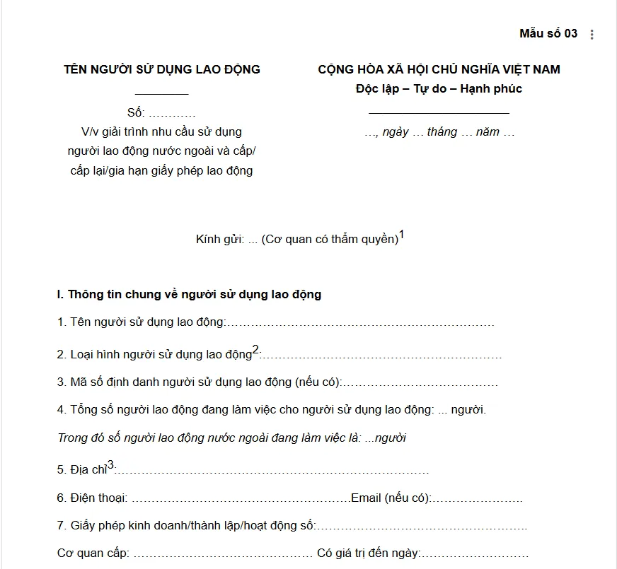 Mẫu giải trình nhu cầu sử dụng lao động dùng để gia hạn giấy phép lao động 