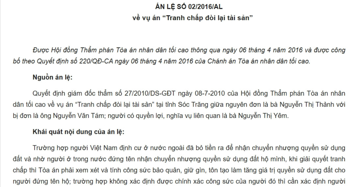 Nội dung án lệ 02/2016/AL