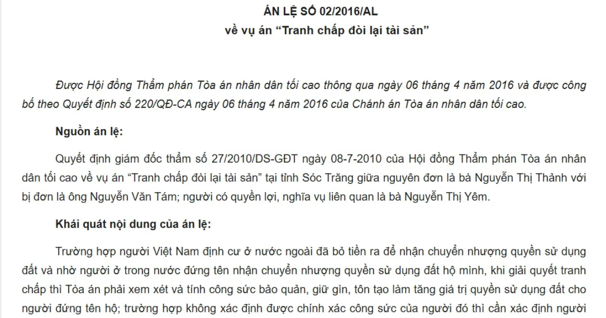 Nội dung án lệ 02/2016/AL