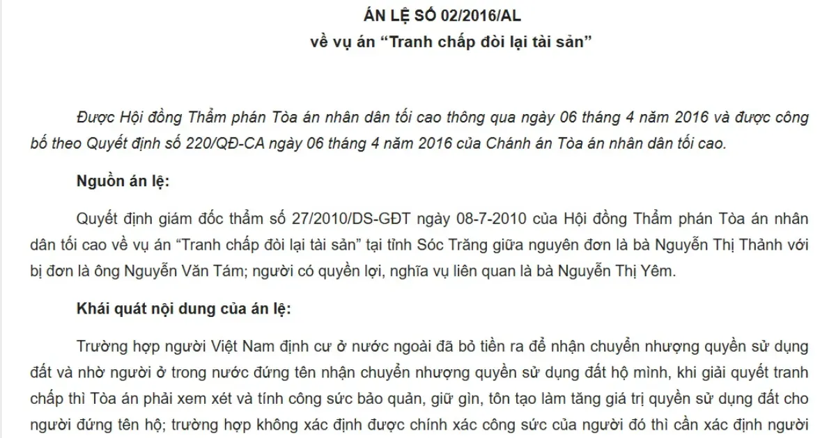 Nội dung án lệ 02/2016/AL