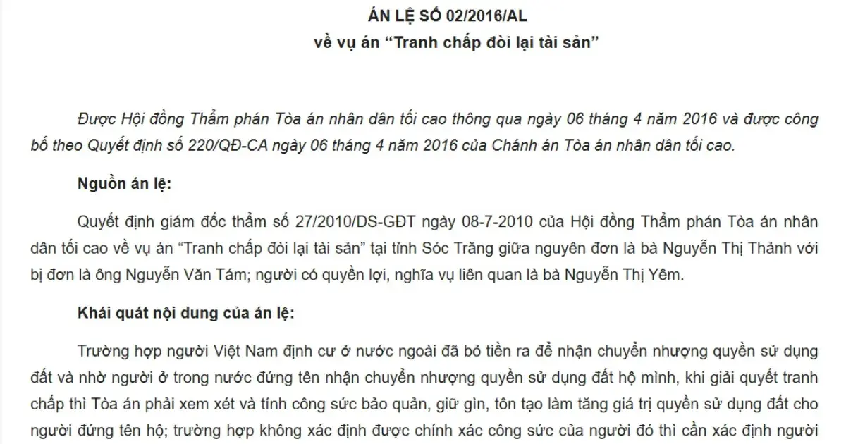 Nội dung án lệ 02/2016/AL Nội dung án lệ 02/2016/AL
