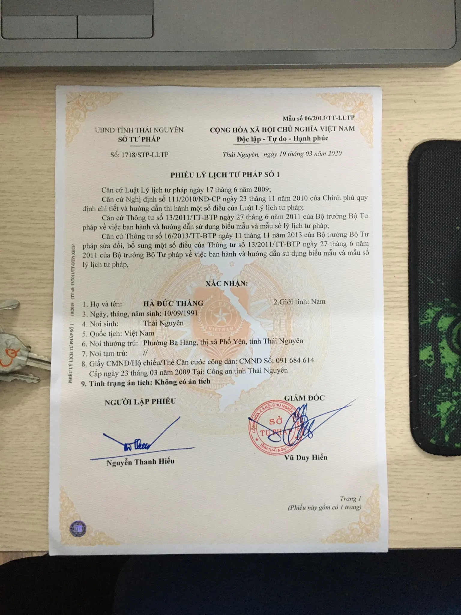 Phiếu lý lịch tư pháp Thái Nguyên số 1 do Sở Tư pháp tỉnh Thái Nguyên cấp