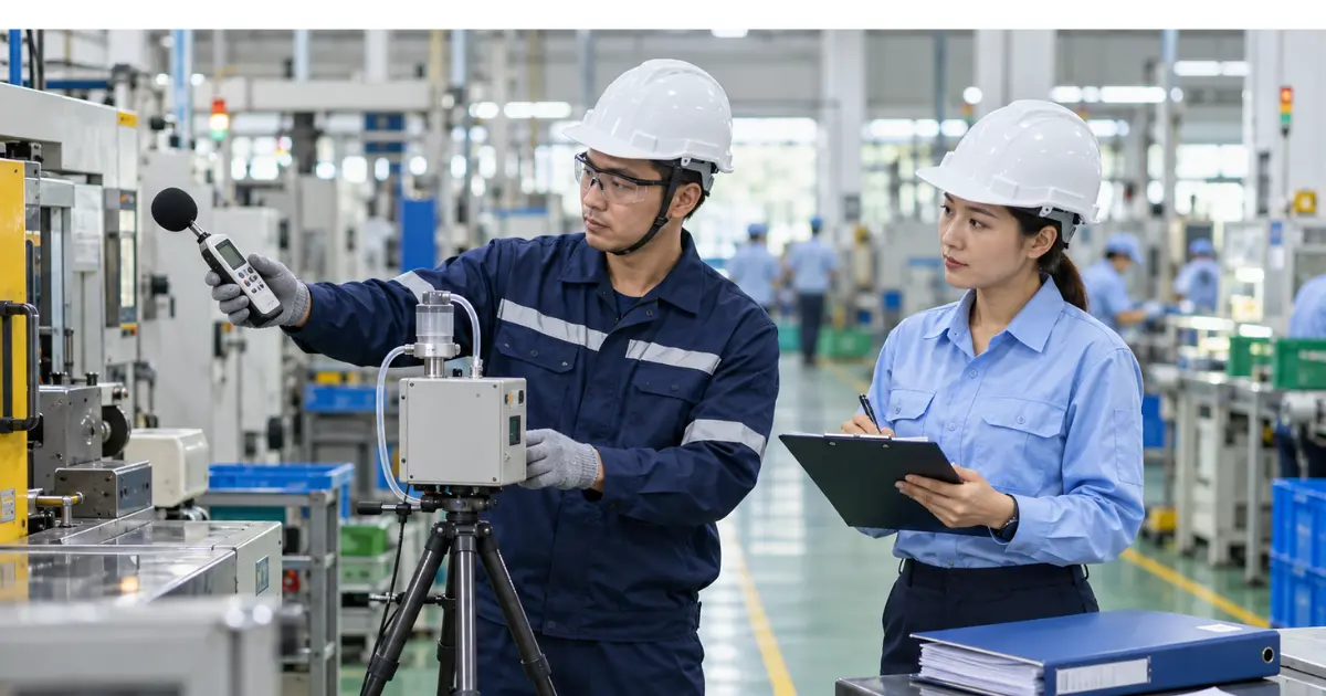 Kỹ thuật viên quan trắc môi trường lao động và đại diện doanh nghiệp ghi nhận kết quả