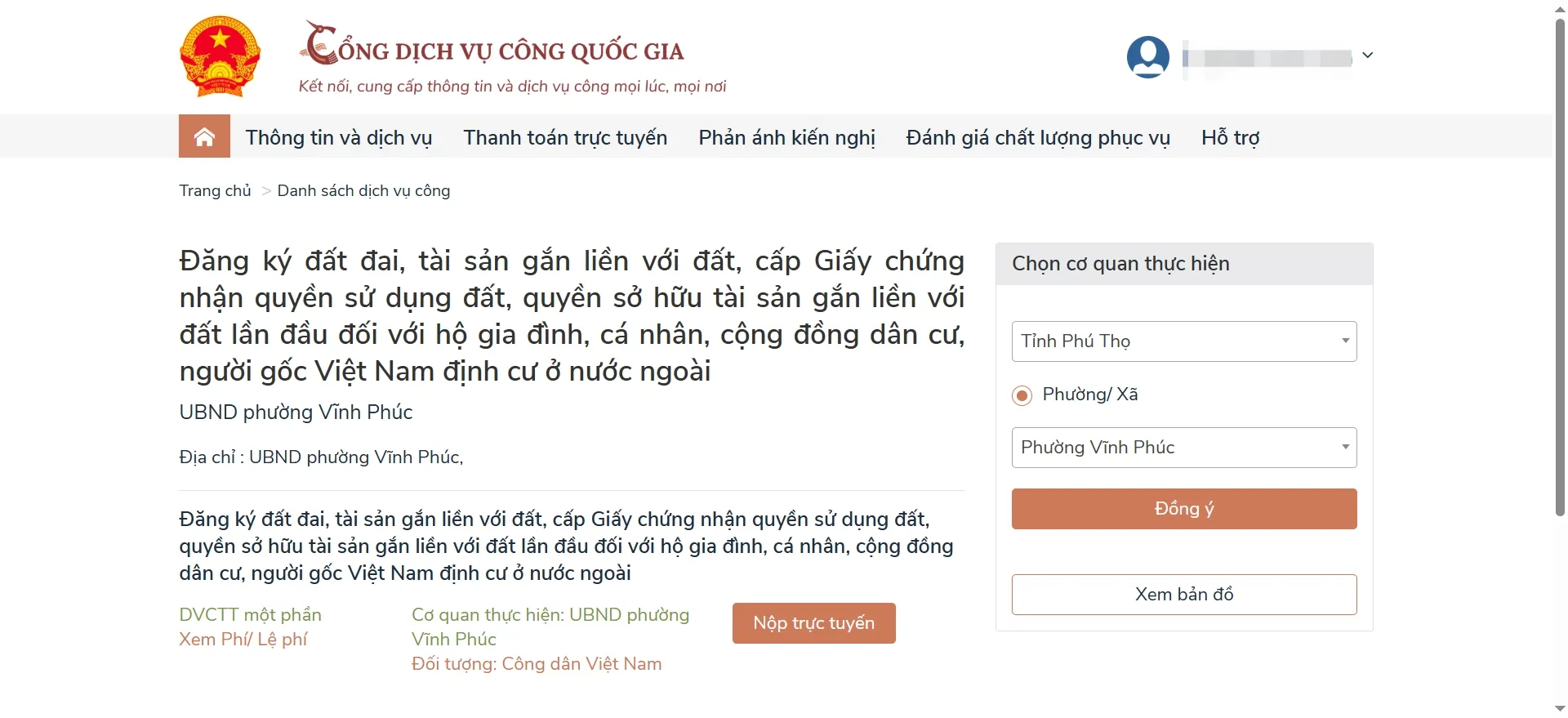 Thủ tục cấp GCN quyền sử dụng đất lần đầu qua cổng dịch vụ công phường Vĩnh Phúc
