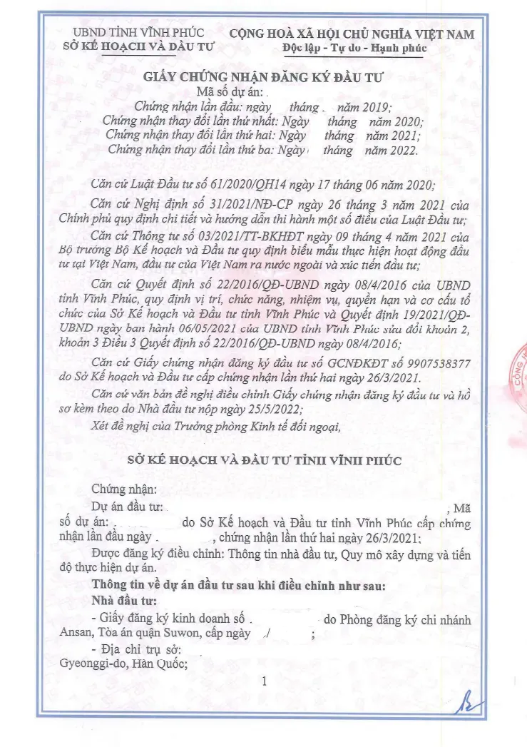 Thủ tục điều chỉnh giấy chứng nhận đăng ký đầu tư Thủ tục điều chỉnh giấy chứng nhận đăng ký đầu tư
