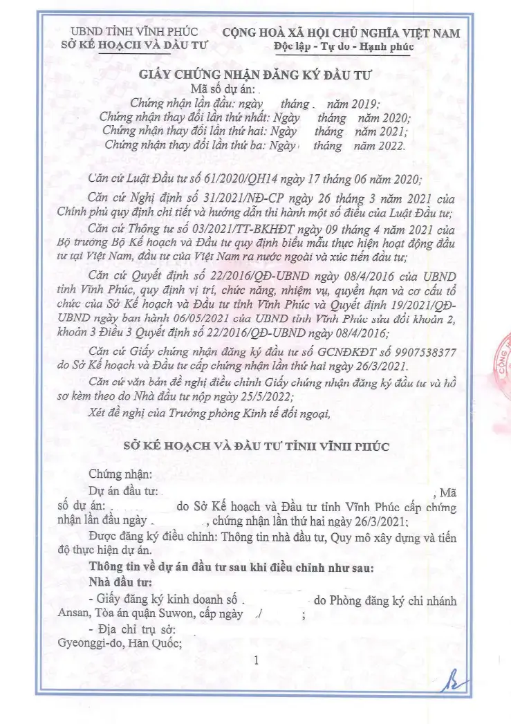 Thủ tục điều chỉnh giấy chứng nhận đăng ký đầu tư Thủ tục điều chỉnh giấy chứng nhận đăng ký đầu tư
