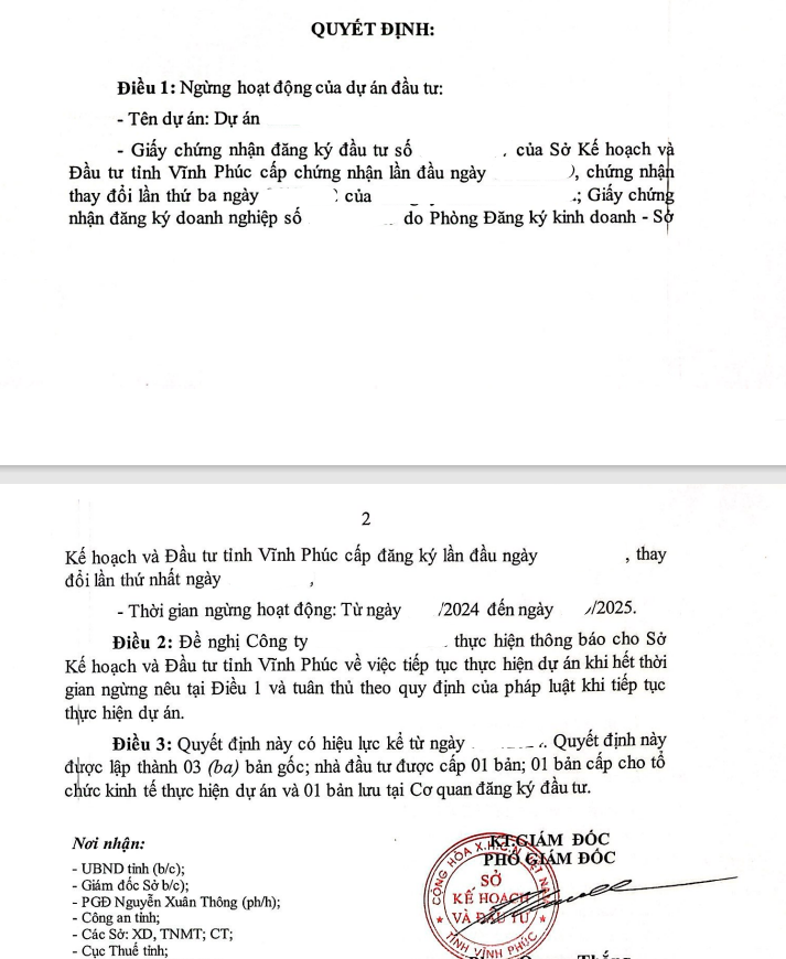 Thủ tục tạm ngừng dự án đầu tư