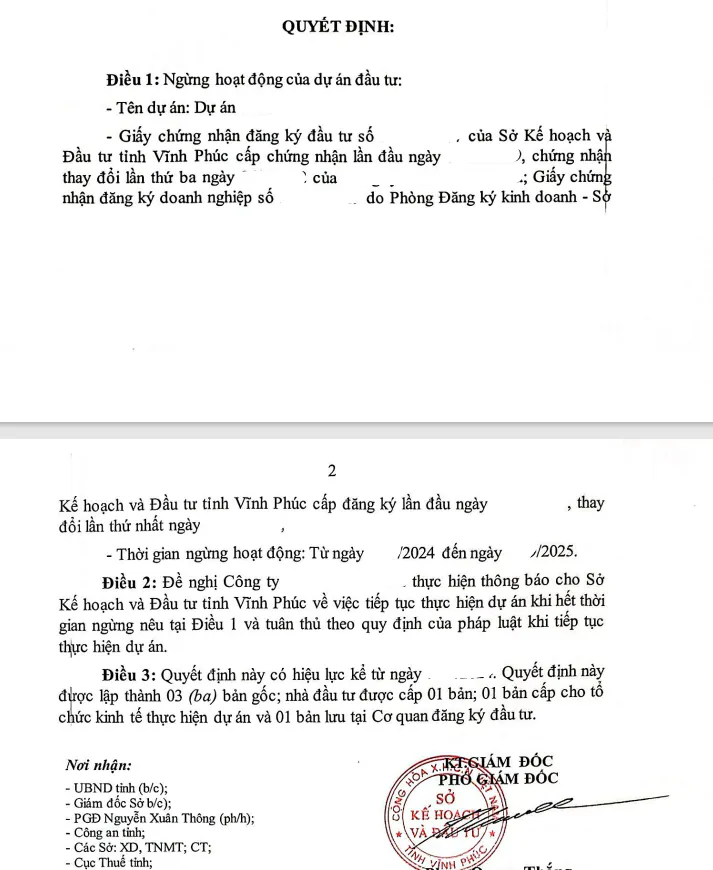 Thủ tục tạm ngừng dự án đầu tư