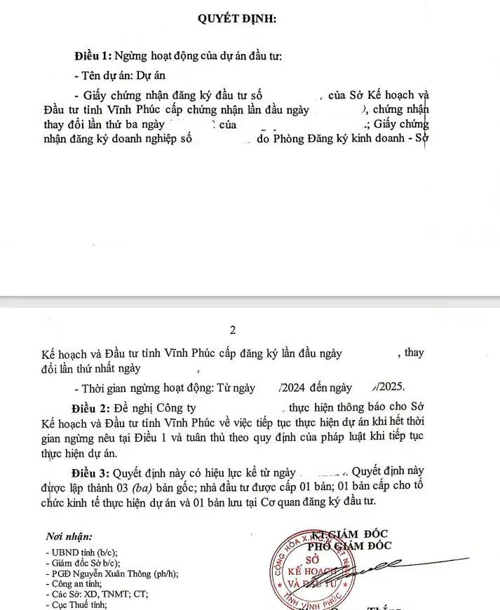 Thủ tục tạm ngừng dự án đầu tư