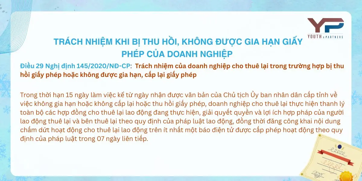Trách nhiệm của doanh nghiệp cho thuê lại lao động trong trường hợp bị thu hồi giấy phép hoặc không được gia hạn, cấp lại giấy phép Trách nhiệm của doanh nghiệp cho thuê lại lao động trong trường hợp bị thu hồi giấy phép hoặc không được gia hạn, cấp lại giấy phép