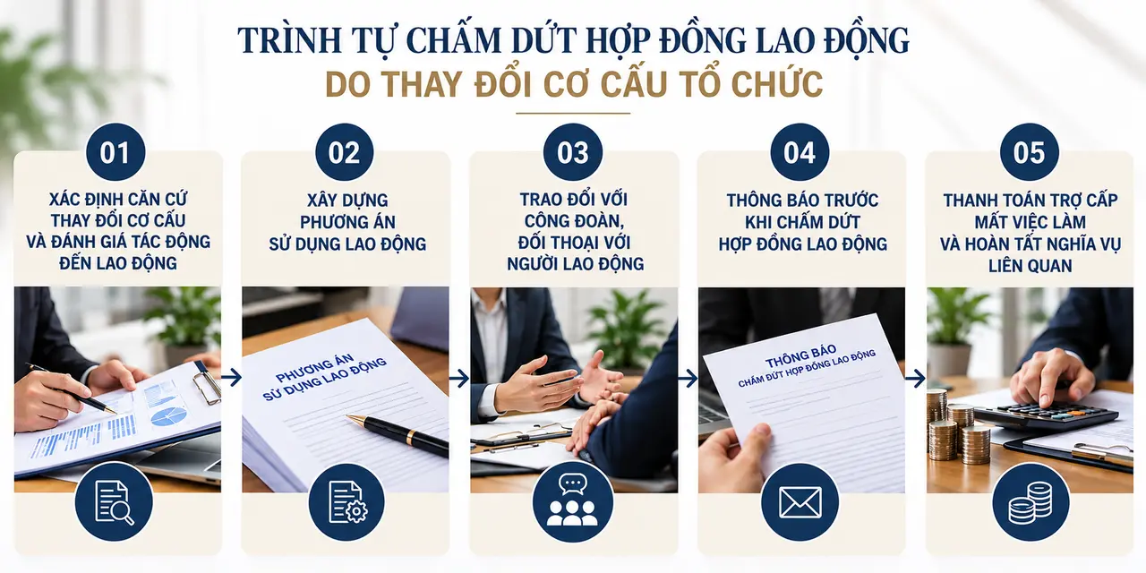 Trình tự chấm dứt hợp đồng lao động do thay đổi cơ cấu tổ chức Trình tự chấm dứt hợp đồng lao động do thay đổi cơ cấu tổ chức